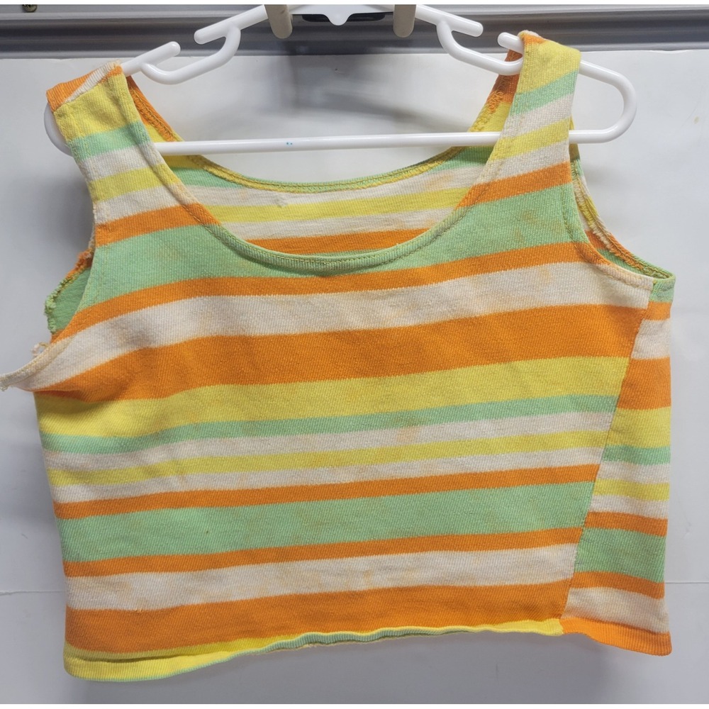 Vtg 70s Striped Crop Top Orange‎ Yellow Green Sleeveless Tank Scoop Neck
